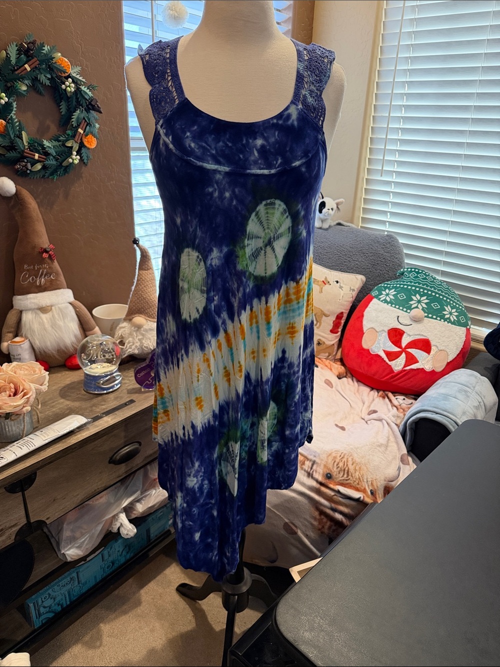 Ingear Blue Tie-Dye Lace-Shoulder Swim Coverup with Green and Yellow Accents